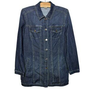 CHICO'S Long Denim Jean Jacket Stretch Button Front Medium Wash Size 2 (12/14)
